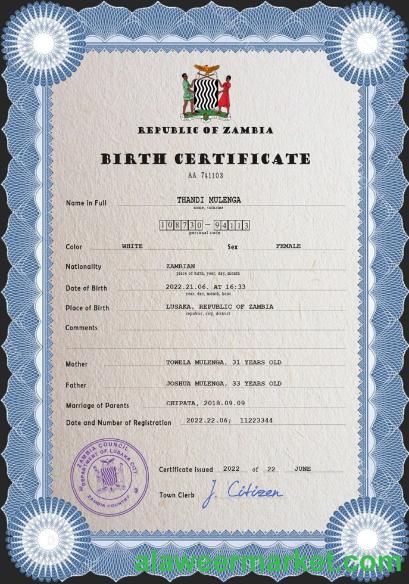 Zambia vital record birth certificate PSD template